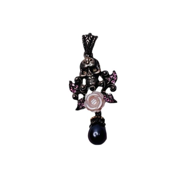 BARBARA BIXBY Skull Rose Pearl Tourmaline Sterling Silver Pendant - Picture 2 of 7